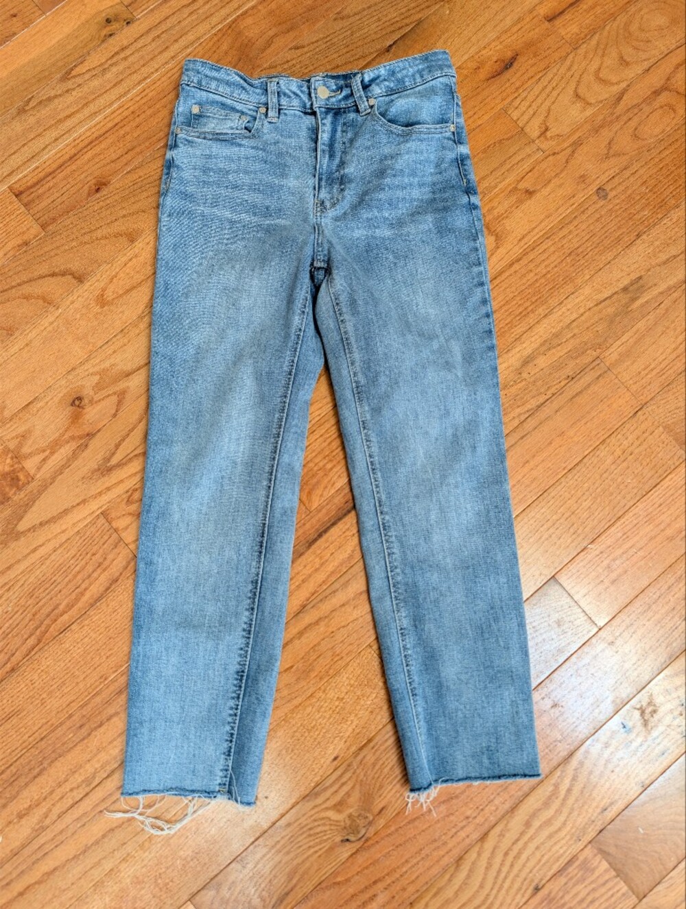 OAT New York High Rise Straight Leg Cropped Jeans Raw Hem Medium Wash 6/28